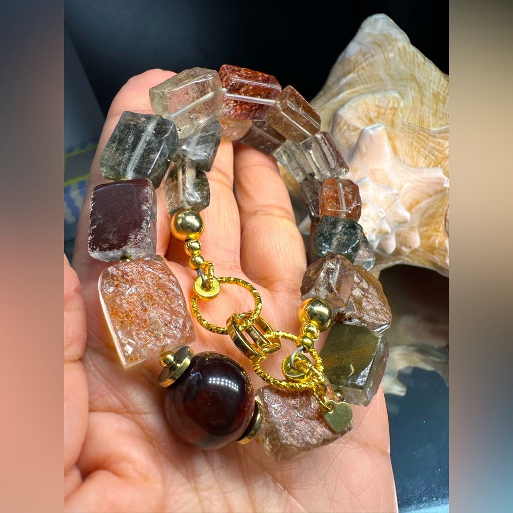 GOLDEN PHANTOM QUARTZ + TIGERS EYE STONES NATURAL NECKLACE - Picture 9 of 16